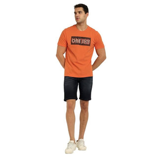 Men Typography Round Neck Pure Cotton Orange T-Shirt