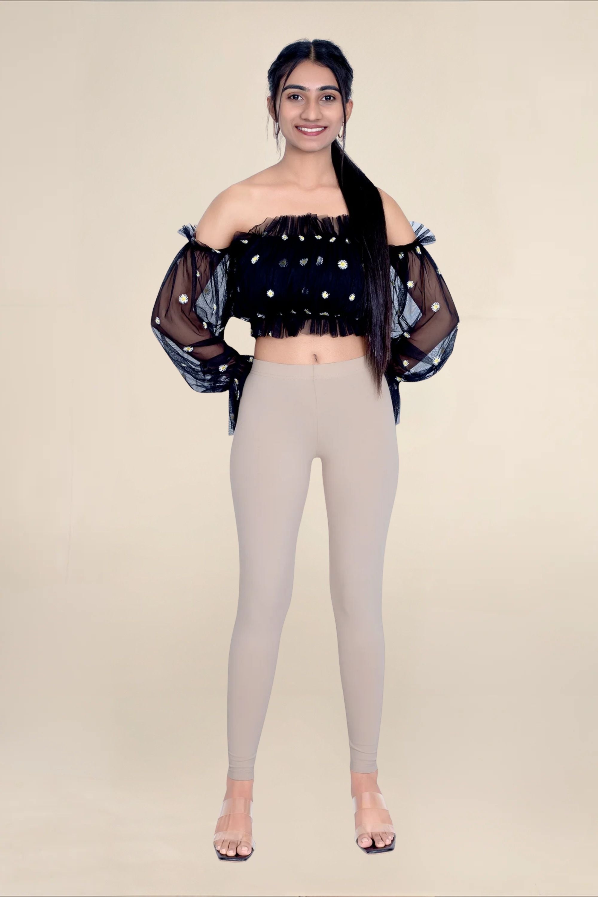Women Beige Breathable Long Length Legging