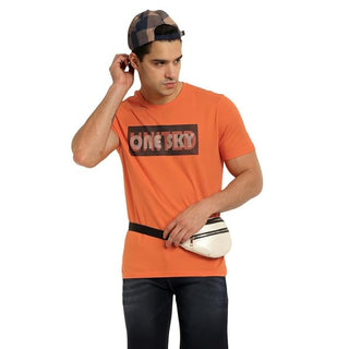 Men Typography Round Neck Pure Cotton Orange T-Shirt