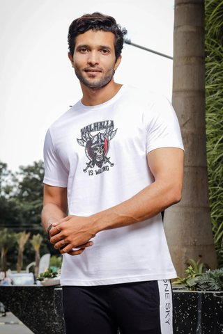 Mens Printed Round Neck White T-Shirt