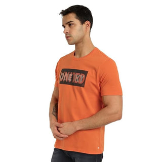 Men Typography Round Neck Pure Cotton Orange T-Shirt