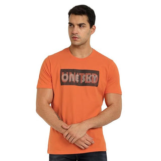 Men Typography Round Neck Pure Cotton Orange T-Shirt