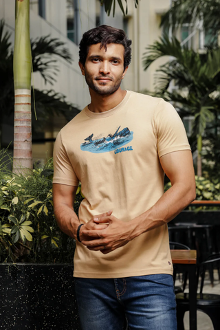 Mens Printed Round Neck Beige T-Shirt