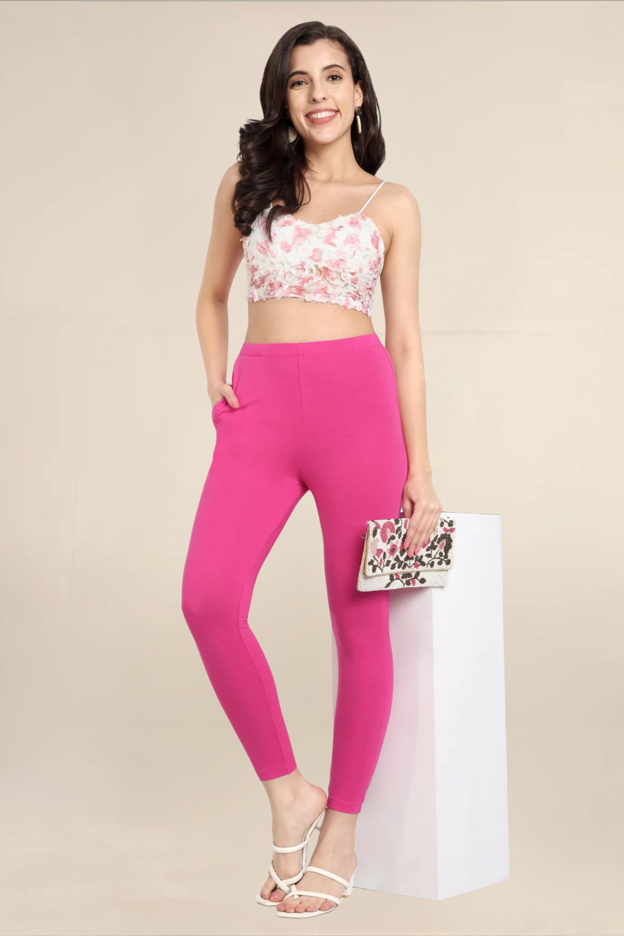 Women Fuchsia Pink Ankle Length Legging