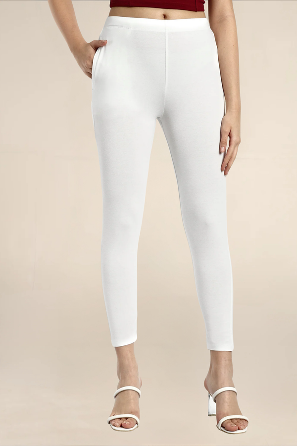 Women Off White Ankle Length Pocket Legging