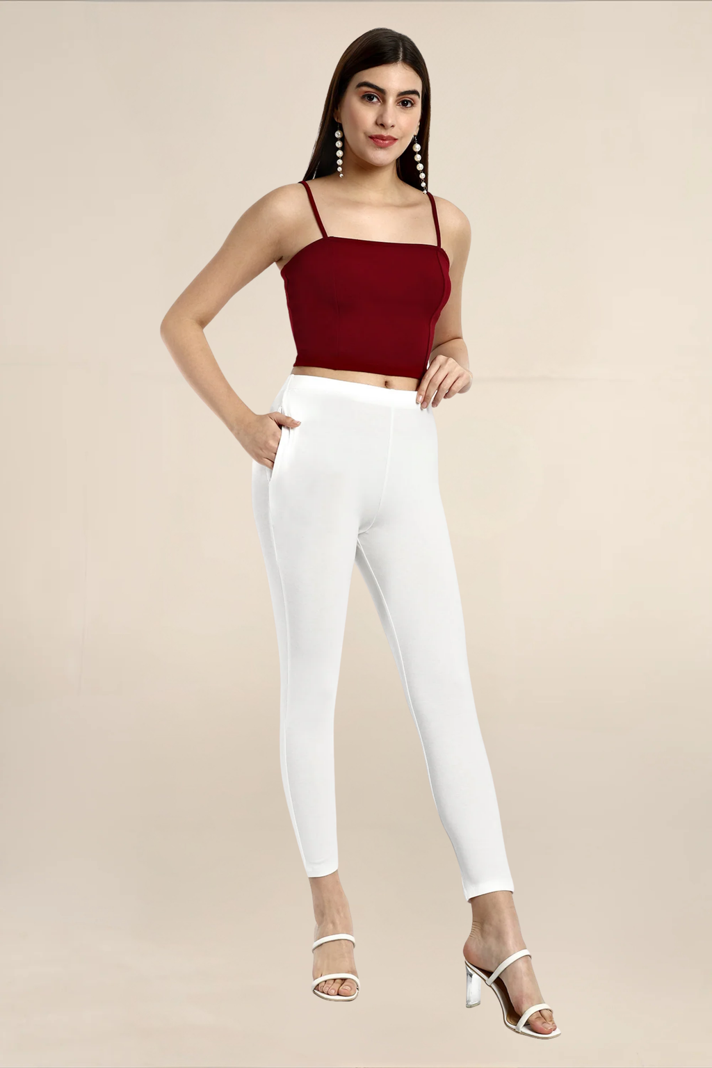 Women Off White Ankle Length Legging