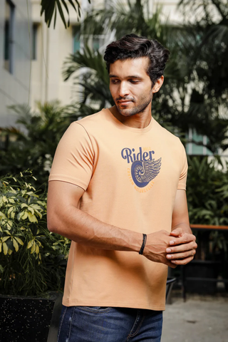 Mens Printed Round Neck Beige T-Shirt