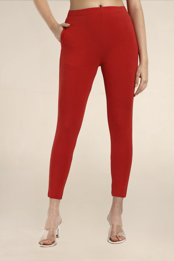 Women Red Ankle Length Pocket Legging