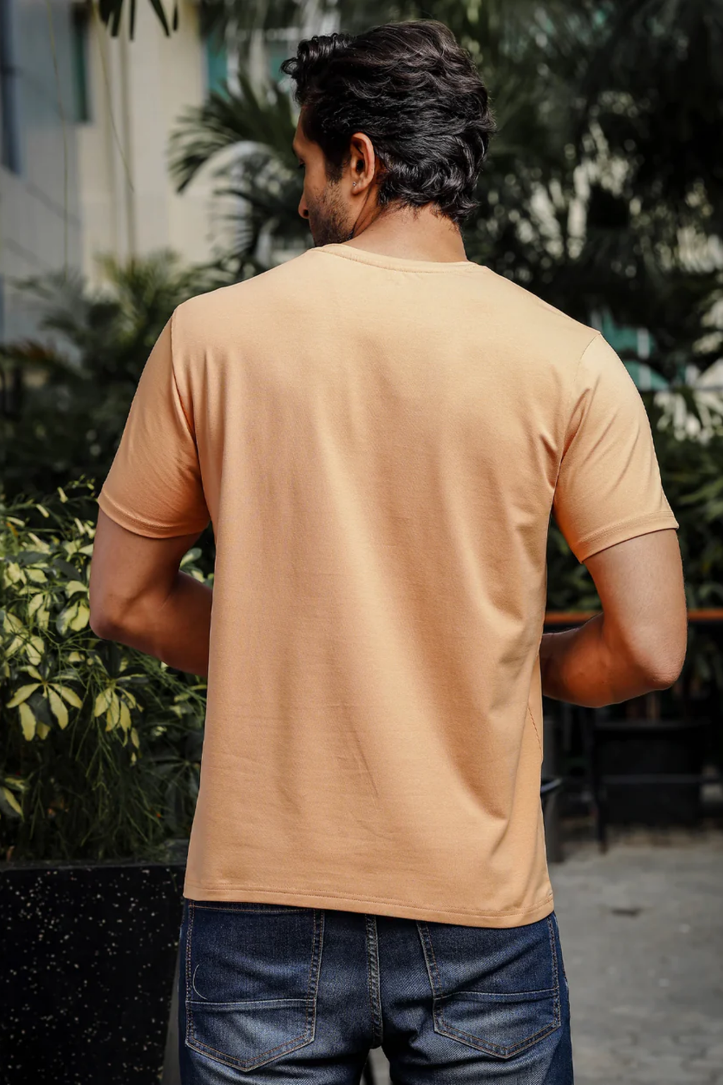 Mens Printed Round Neck Beige T-Shirt