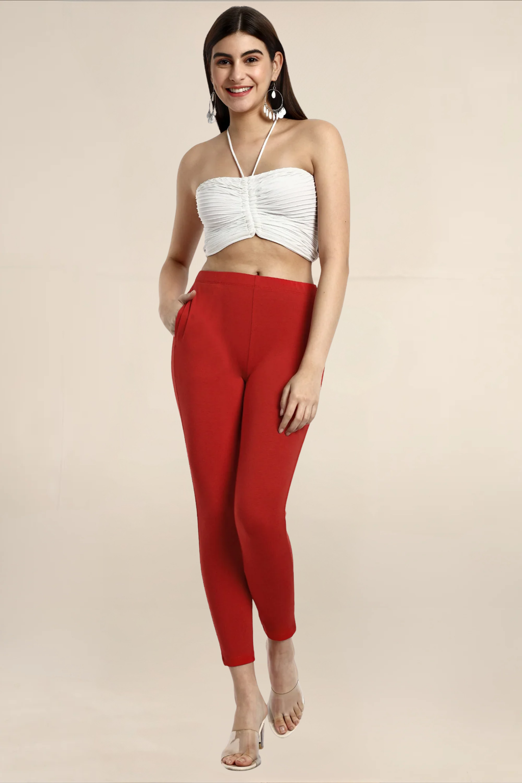 Women Red Ankle Length Legging