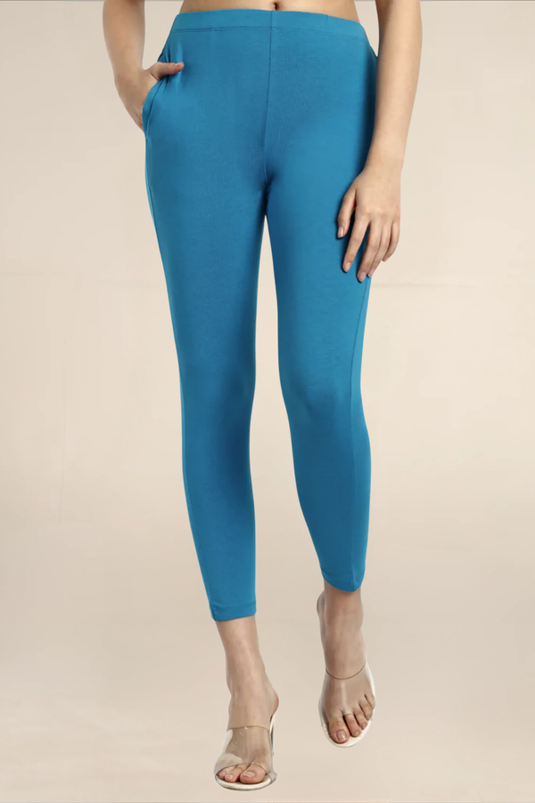Women Blue Ankle Length Pocket Legging