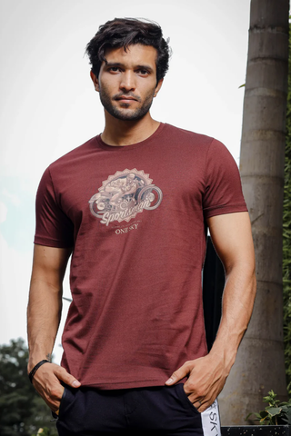 Mens Printed Round Neck Brown T-Shirt