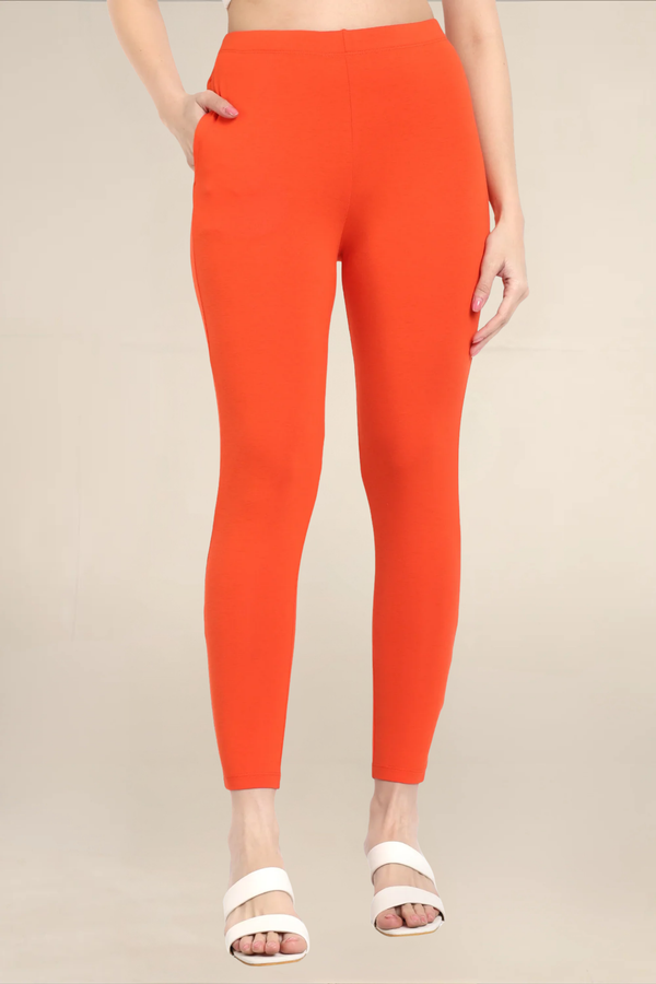 Women Orange Ankle Length Pocket Legging