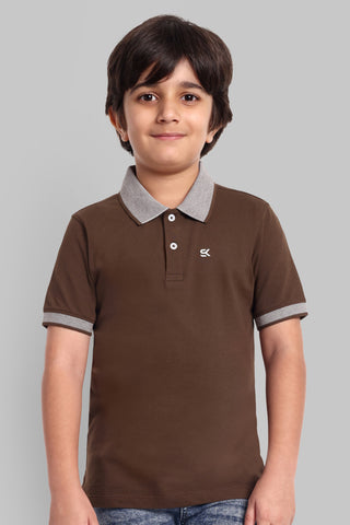 Boys Designed Collared Polo Tshirt Brown