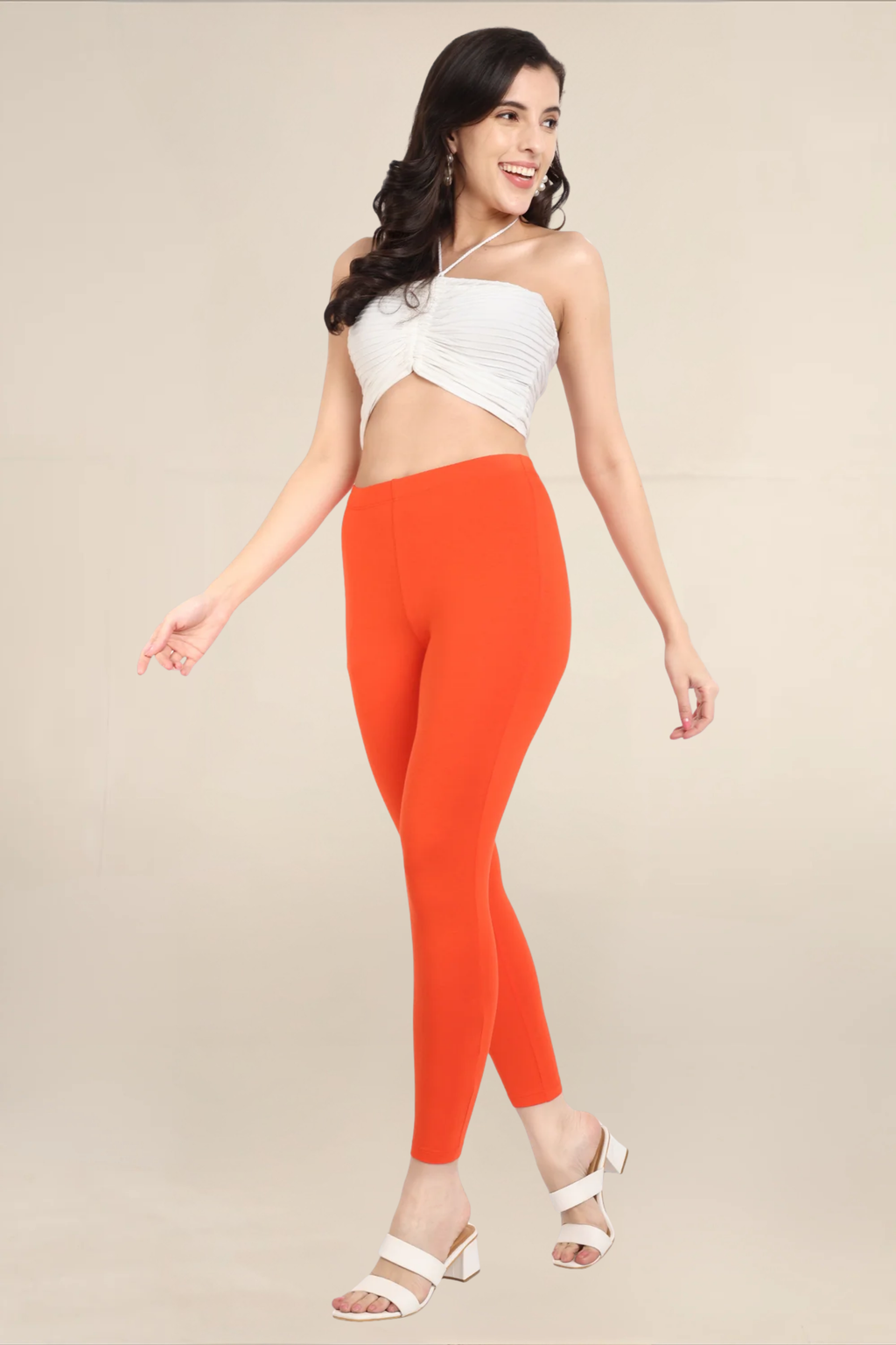 Women Orange Ankle Length Legging