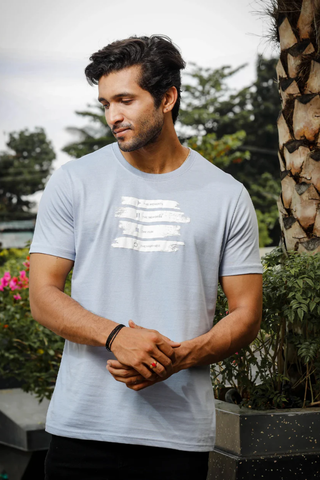 Mens Printed Round Neck Light Blue T-Shirt