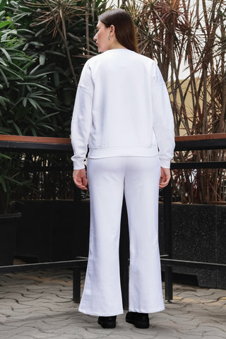 ONE SKY Women's Embroidered & Floral Round Neck Tracksuit | Cotton Blend Long Sleeve Top & Mid-Rise Pleated Slip-On Pants | 4 Pockets