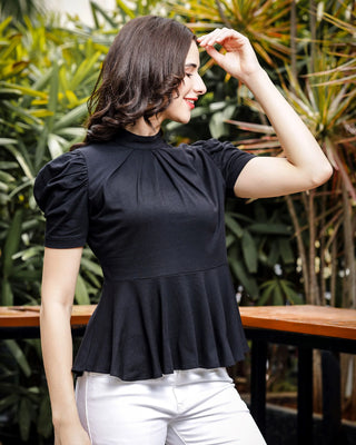 Womens Puff Sleeve Black Peplum Top