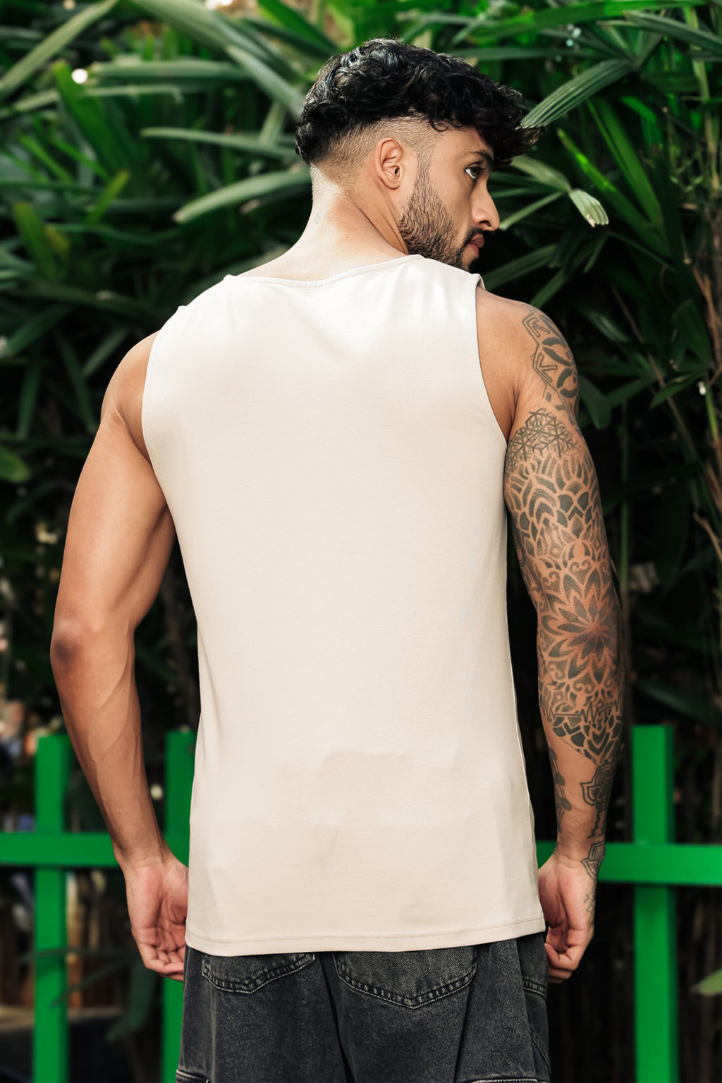ONE SKY Men’s Cotton Spandex Printed Tank Top | Sleeveless Round Neck Casual Vest | Typography Print | Stretch Fabric | Machine Wash