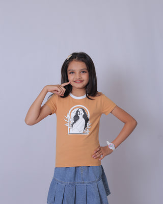 Girls Beige Round Neck T-Shirt