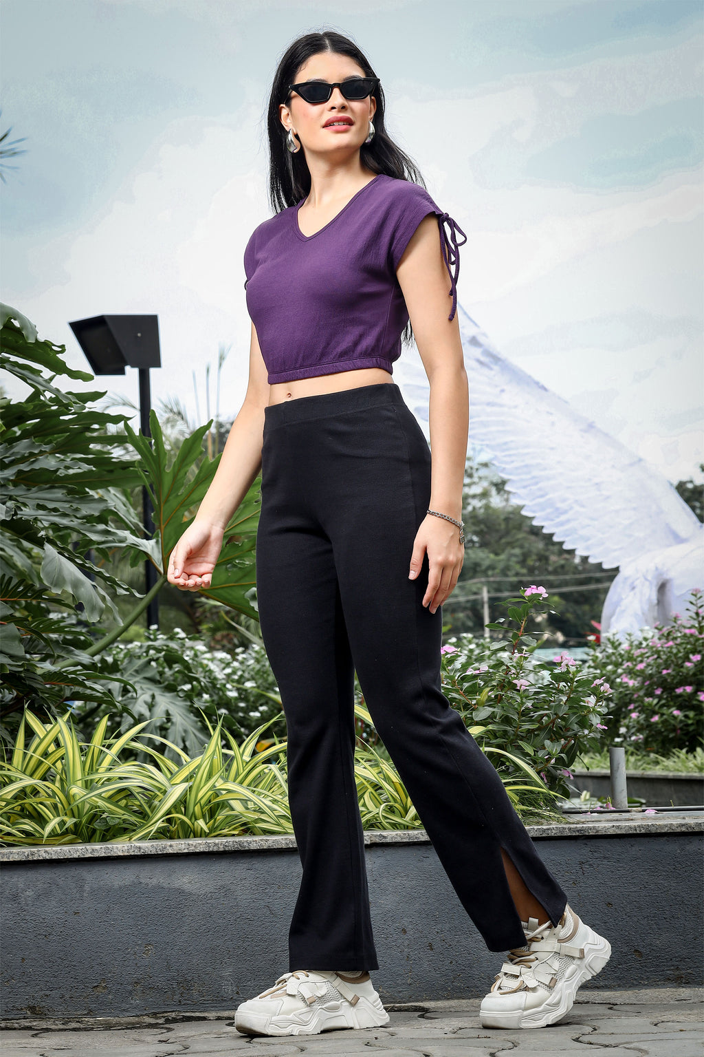 Womens V Neck Crop Top With Designer Sleeves