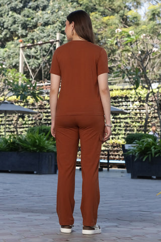 ONE SKY Women’s Cotton Spandex Half Sleeve Co-Ord Set – Printed Typography Round Neck Top & Mid-Rise Drawstring Bottom, Casual 2-Piece Loungewear, Machine Washable