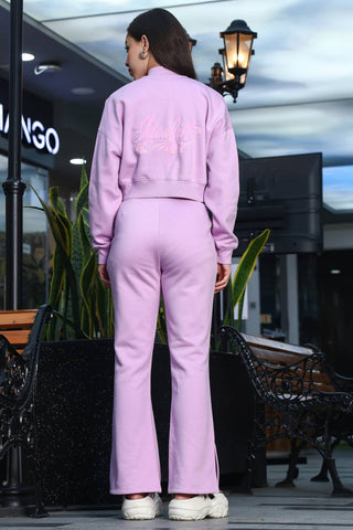 ONE SKY Women's Printed Crop Tracksuit | Cotton Blend Co-ord Set with Zipper Stand Collar Top & Drawstring Pants | Typographic Design & 2 Pockets