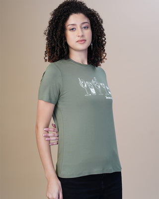 WOMEN OLIVE PRINTED ROUND NECK T-SHIRT