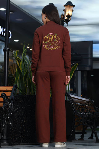 ONE SKY Women's Embroidered & Typographic Tracksuit | Cotton Blend Zipper Jacket with Mock Collar & Drawstring Pants | 6 Pockets | Pleated Design