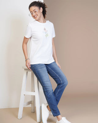 Women White Round Neck T-Shirt