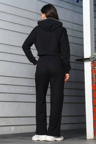 ONE SKY Women's Front Open Crop Tracksuit | Cotton Blend Co-ord Set with Hooded Zipper Top & Drawstring Pants | 4 Pockets