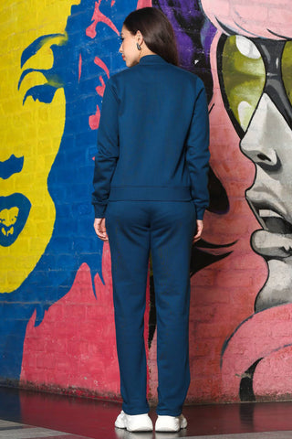 ONE SKY Women's Printed Crop Tracksuit | Cotton Blend Co-ord Set with Zipper Stand Collar Top & Drawstring Pants | Typographic Design & 2 Pockets