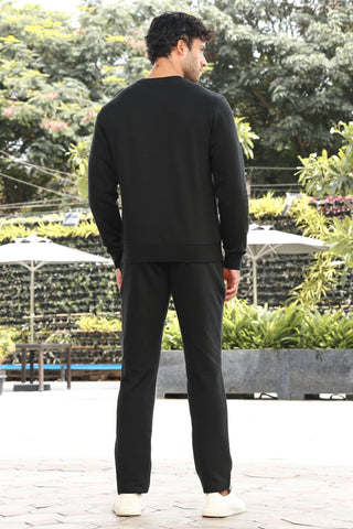 Men’s Typography Printed Tracksuit Set | Round Neck Long Sleeve Top & Drawstring Joggers | Cotton Blend | Mid-Rise Flat Front | 4 Pockets | Casual Athleisure Wear