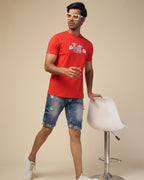 MENS PRINTED BRICK RED ROUND NECK TSHIRT