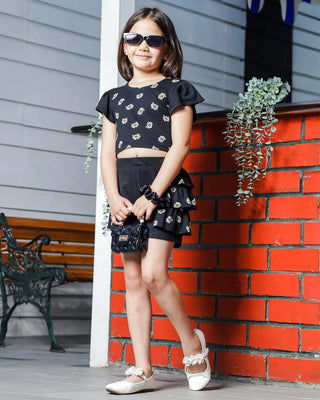 Girls Co-ord Set Top with Shorts - Stylish Black With Floral Print