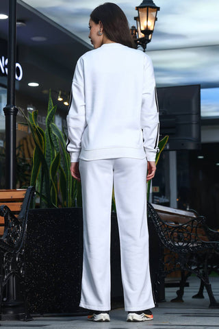 ONE SKY Women's Striped & Typographic Tracksuit | Cotton Blend Co-ord Set with Zipper Mock Collar Jacket & Slip-On Pants | 4 Pockets