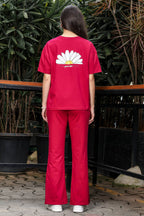 WOMEN ROUND NECK RED HALF SLV  CO-ORD SET