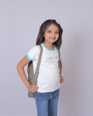 Girls White Round Neck T-Shirt