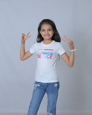 Girls White Round Neck T-Shirt