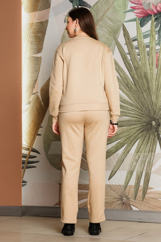 ONE SKY Women's Embroidered Round Neck Tracksuit | Cotton Blend Solid Co-ord Set with Drawstring Top & Slip-On Pants | 2 Pockets | Flat Front