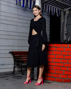 Women's Chic Balloon Sleeve Knee-Length Black Dress with Front Cut-Out and Tie
