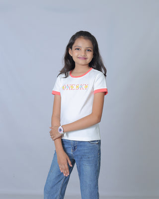 Girls White/Coral Round Neck T-Shirt