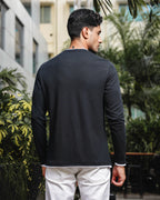 Men's Black Self Textured Full Sleeve Crew Neck T-shirt
