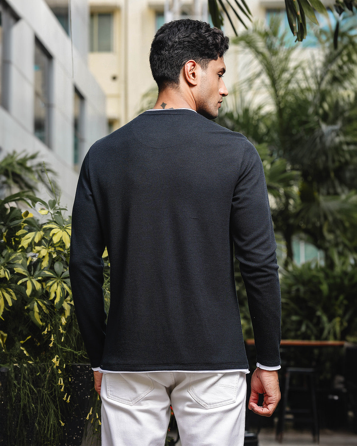 Men's Black Self Textured Full Sleeve Crew Neck T-shirt