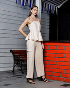 Chic Women's Peplum Peach Tunic & Stylish Cargo Pants Co-Ord Set