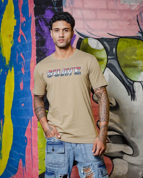 Men's Patrified Oak Colored "Suave" Embroidered Pure Cotton Tshirt
