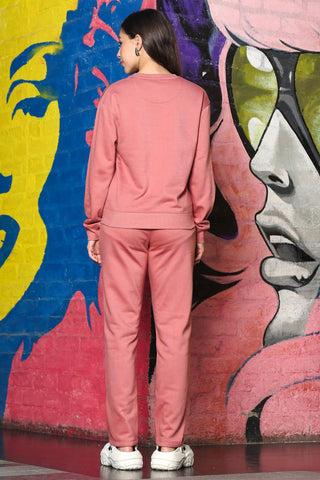 ONE SKY Women's Embroidered Round Neck Tracksuit | Cotton Blend Solid Co-ord Set with Drawstring Top & Slip-On Pants | 2 Pockets | Flat Front