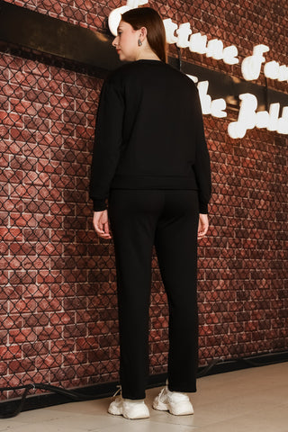 ONE SKY Women's Embroidered Round Neck Tracksuit | Cotton Blend Solid Co-ord Set with Drawstring Top & Slip-On Pants | 2 Pockets | Flat Front