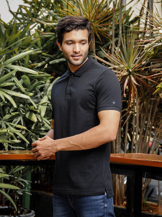 Mens Solid Polo Neck Black T-Shirt