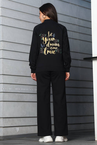 ONE SKY Women's Printed Front Open Tracksuit | Cotton Blend Co-ord Set with Zipper Jacket & Drawstring Pants | Typographic Design & 4 Pockets